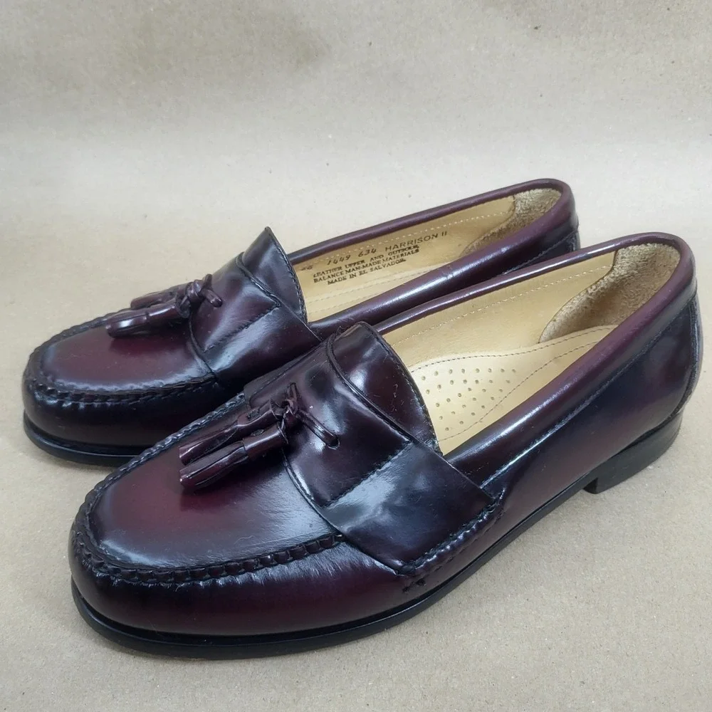 Bass Harrison II Shoes (Sz 8.5 EE) Men's Burgundy Leather Slip On Loafer Tassel
